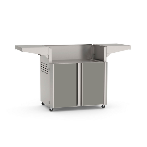 American Outdoor Grill 30-inch portable cart base with gray cabinet door panels, stainless steel frame, fold-down side shelves, 4-wheel casters