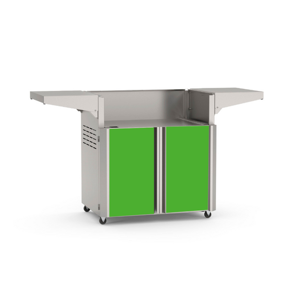 American Outdoor Grill 30-inch portable cart base with green cabinet door panels, stainless steel frame, fold-down side shelves, 4-wheel casters
