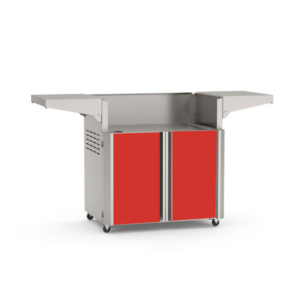 American Outdoor Grill 30-inch portable cart base with red cabinet door panels, stainless steel frame, fold-down side shelves, 4-wheel casters

