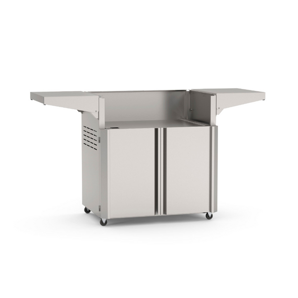American Outdoor Grill 30-inch portable cart base in all-stainless steel finish, doors open, showing interior storage space, side shelves extended