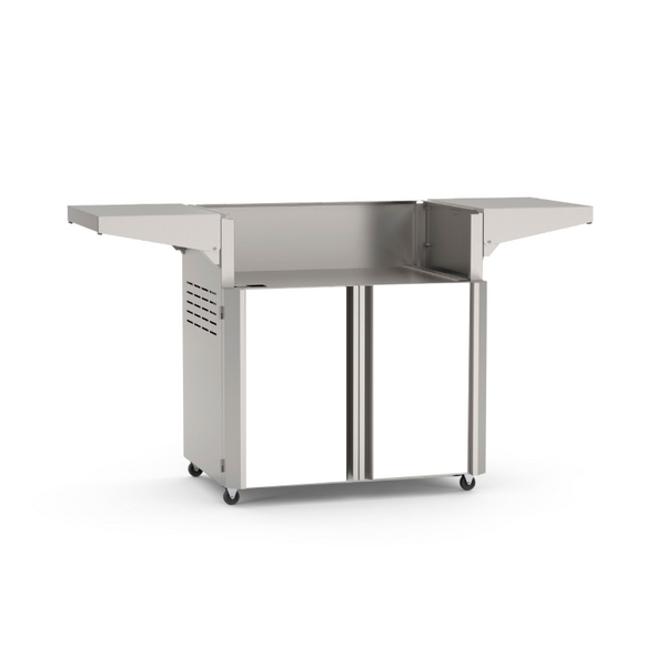 American Outdoor Grill 30-inch portable cart base in white  finish with closed cabinet doors, fold-down side shelves, and 4-wheel casters
