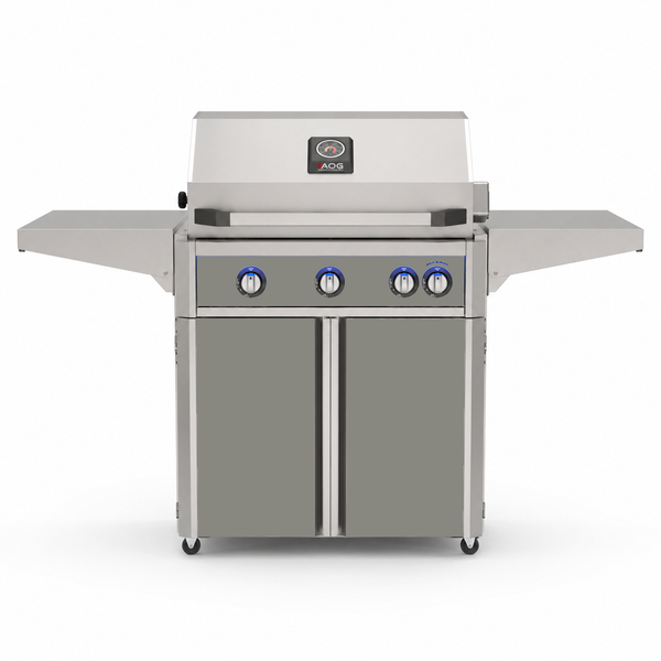 American Outdoor Grill 30-inch L-Series freestanding gas grill with lid closed, grey finish, front view on white background
