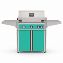 American Outdoor Grill 30-inch L-Series freestanding gas grill with lid closed, teal finish, front view on white background
