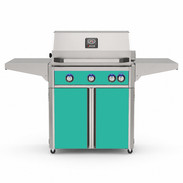 American Outdoor Grill 30-inch L-Series freestanding gas grill with lid closed, teal finish, front view on white background
