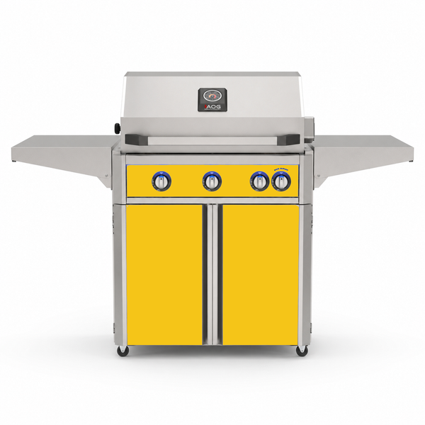 American Outdoor Grill 30-inch L-Series freestanding gas grill with lid closed, yellow finish, front view on white background

