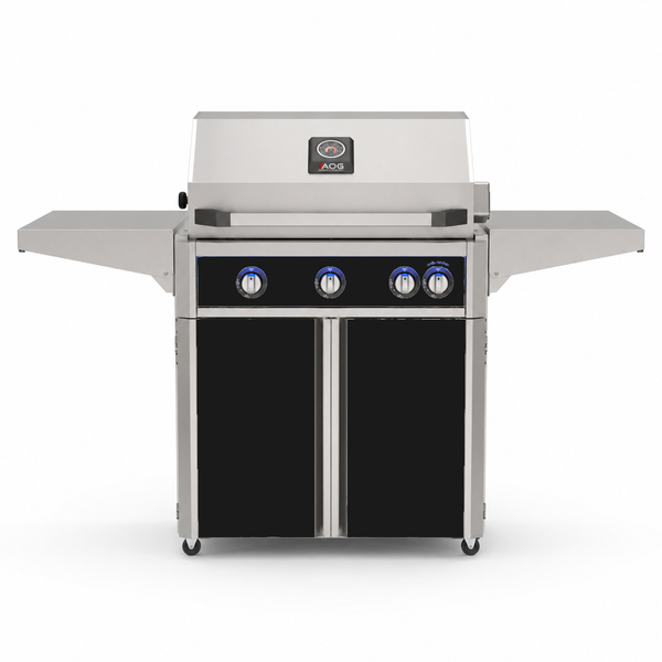 American Outdoor Grill 30-inch L-Series freestanding gas grill with lid closed,  black finish, front view on white background
