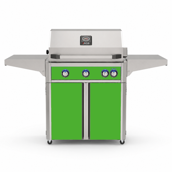 American Outdoor Grill 30-inch L-Series freestanding gas grill with lid closed, green finish, front view on white background

