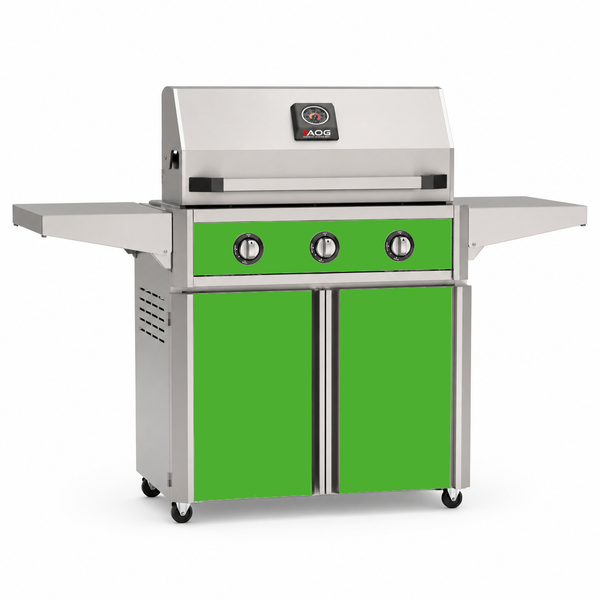 American Outdoor Grill 30-inch T-Series freestanding gas grill with lid closed, green finish, front view on white background
