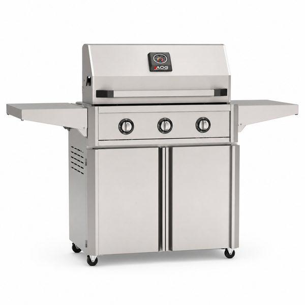American Outdoor Grill 30-inch T-Series freestanding gas grill with lid closed, stainless steel finish, front view on white background

