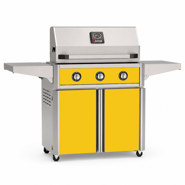 American Outdoor Grill 30-inch T-Series freestanding gas grill with lid closed, yellow finish, front view on white background
