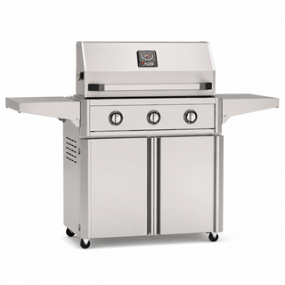 American Outdoor Grill 36-inch T-Series freestanding gas grill with lid closed, stainless steel finish, front view on white background
