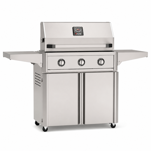 American Outdoor Grill 36-inch T-Series freestanding gas grill with lid closed, stainless steel finish, front view on white background
