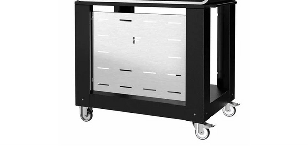 Outdoor pizza oven with black base and silver top on a white background