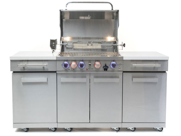 Mont Alpi 4-Burner 70-Inch Outdoor Gas Grill Island with Infrared Rear Burner & Rotisserie Kit - Stainless Steel
