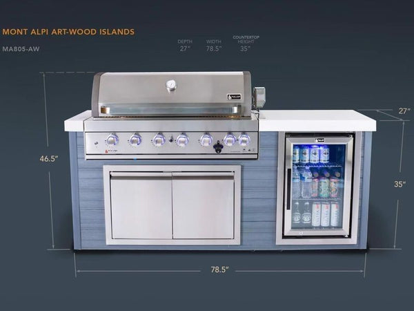 Mont Alpi 6-Burner 78 1/2 Inch ArtWood Gas Grill Island with Refrigerator, Infrared Rear Burner, and Rotisserie Kit - Stainless Steel