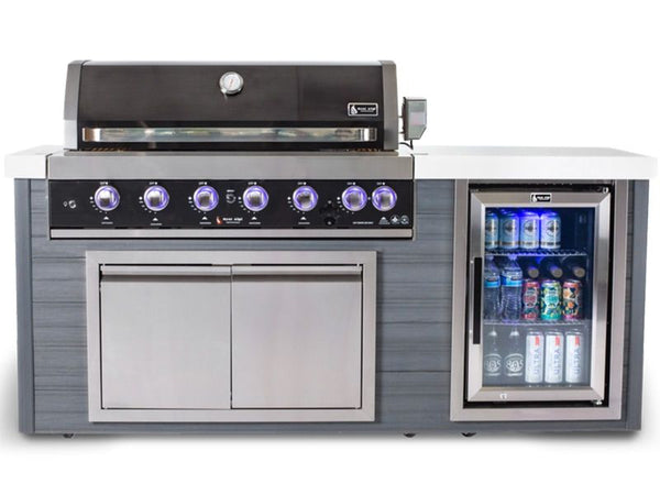 Mont Alpi 6-Burner 78.5-Inch ArtWood Gas Grill Island with Refrigerator, Infrared Rear Burner, and Rotisserie Kit - Black Stainless Steel