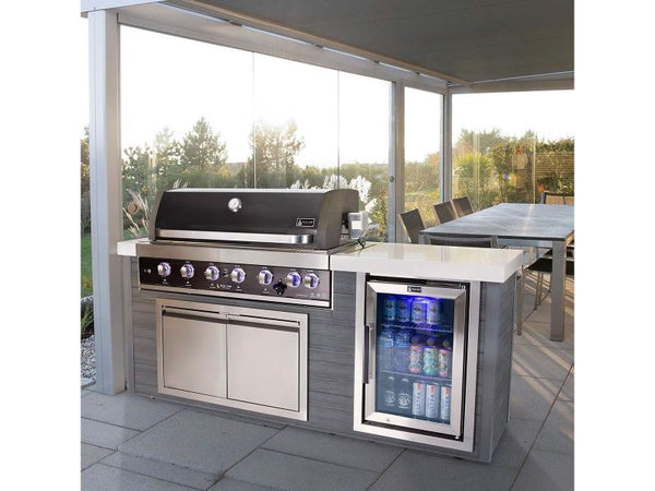 Mont Alpi 6-Burner 78.5-Inch ArtWood Gas Grill Island with Refrigerator, Infrared Rear Burner, and Rotisserie Kit - Black Stainless Steel